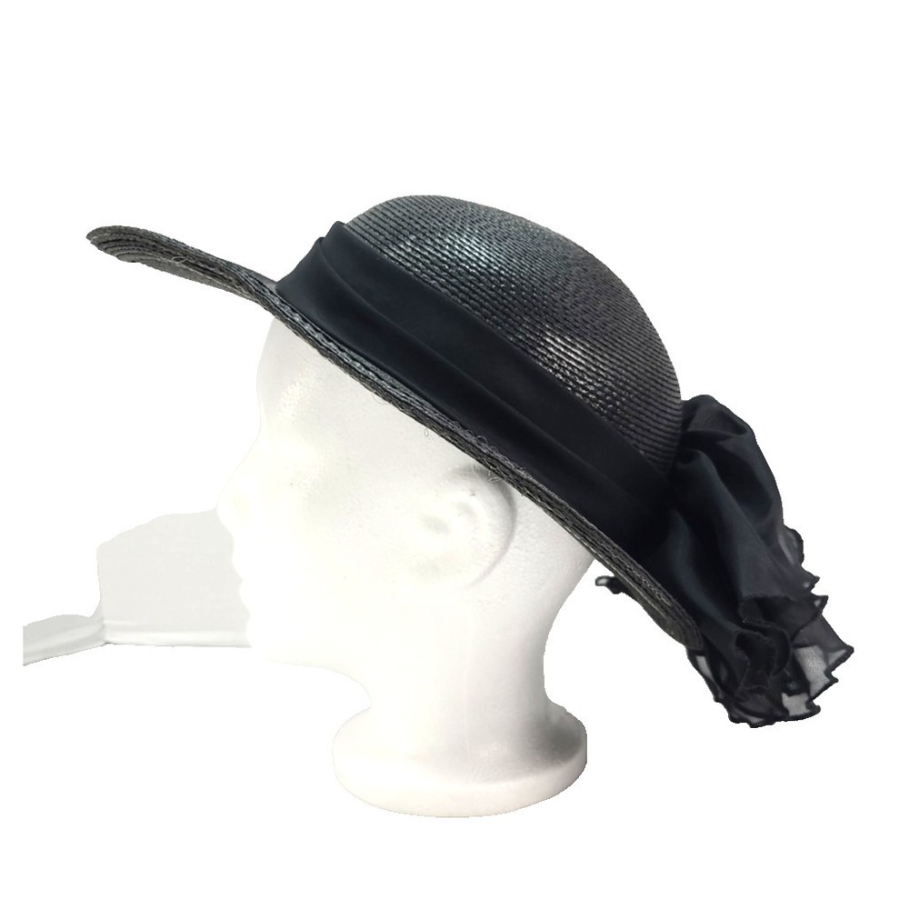 Vtg Designed by Sylvia New York St Louis Black Woven Straw Hat ACTWU Made in USA